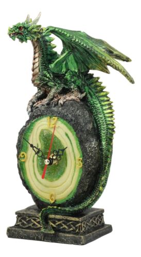 ebros gift Green Jade Crystal Quartz Dragon On Fossil Rock Desktop Clock Figurine 10"H