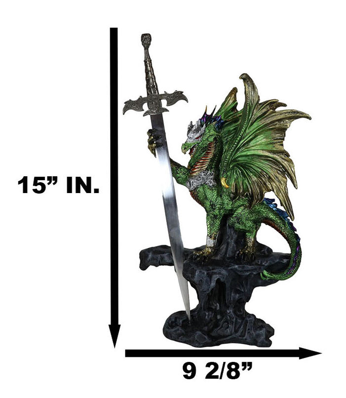Ebros Gift Green Knight Armored Rune Dragon With Gothic Skull Sword Letter Opener Figurine