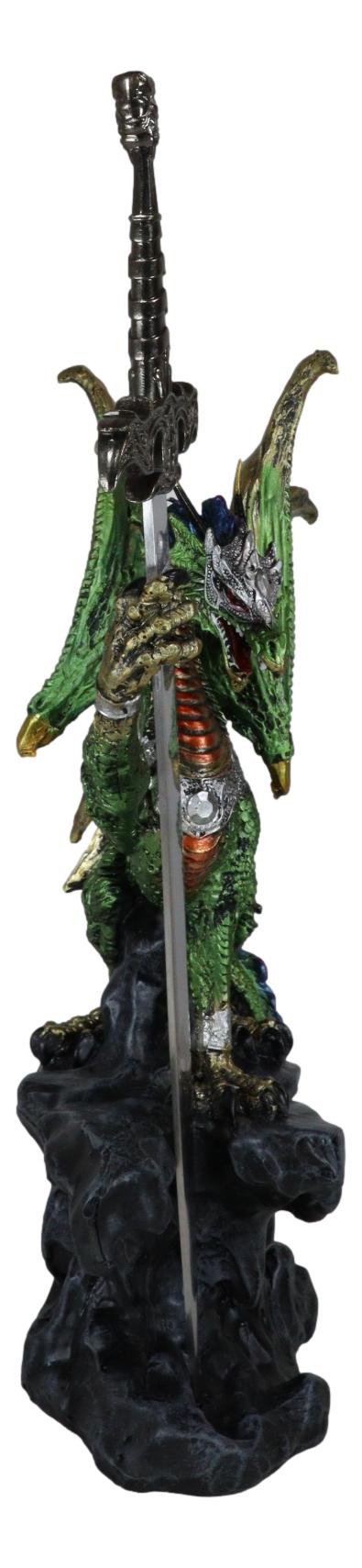 Ebros Gift Green Knight Armored Rune Dragon With Gothic Skull Sword Letter Opener Figurine