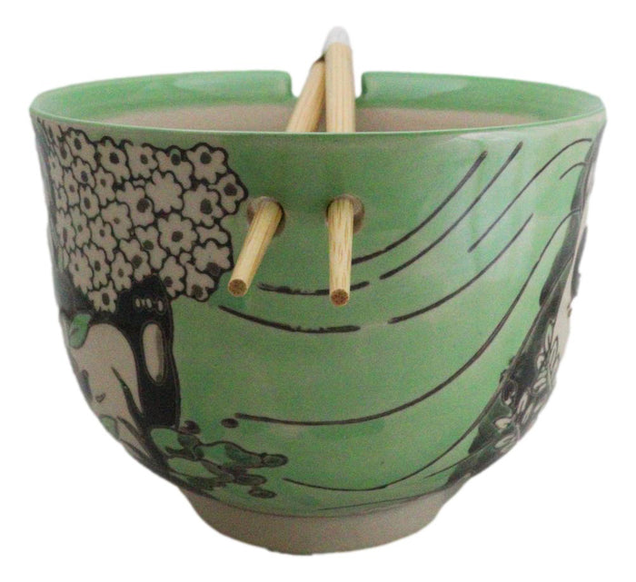Ebros Gift Green Lucky Panda With Flowers Ceramic Donburi Ramen Bowl With Chopsticks Set