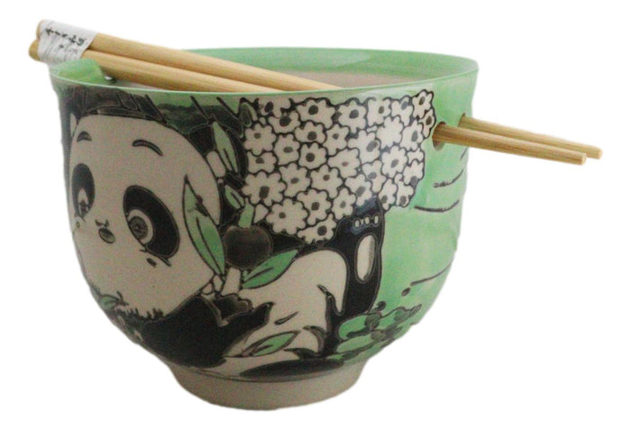 Ebros Gift Green Lucky Panda With Flowers Ceramic Donburi Ramen Bowl With Chopsticks Set