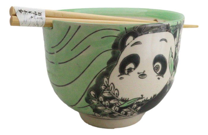 Ebros Gift Green Lucky Panda With Flowers Ceramic Donburi Ramen Bowl With Chopsticks Set