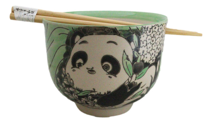 ebros gift Green Lucky Panda With Flowers Ceramic Donburi Ramen Bowl With Chopsticks Set
