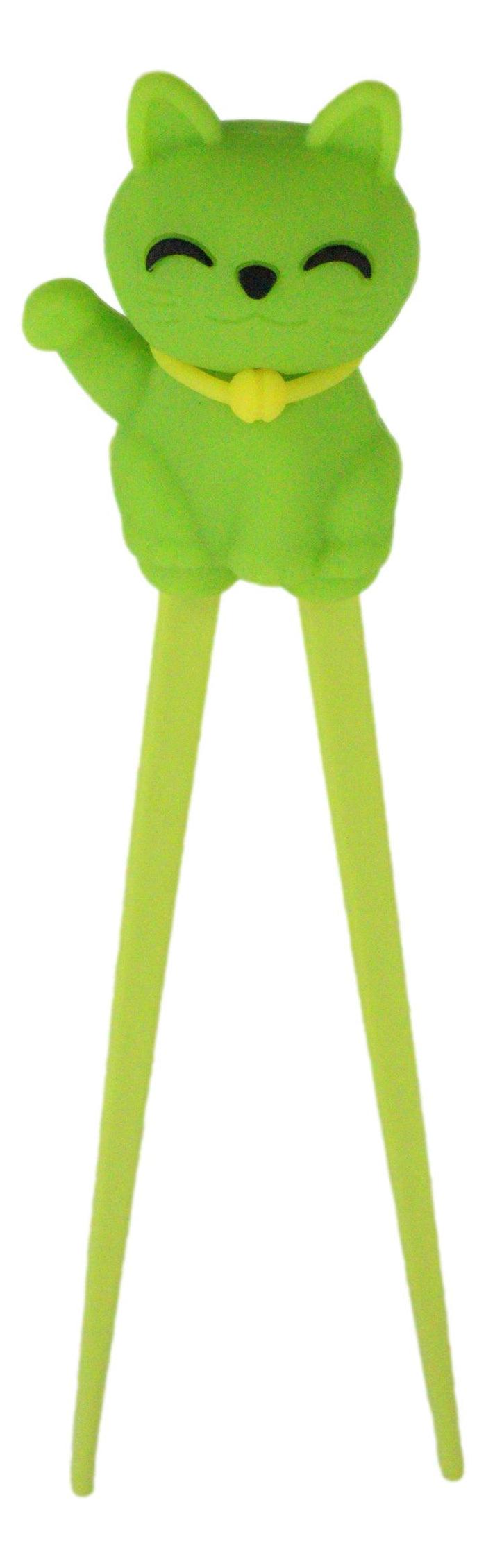 Ebros Gift Green Maneki Neko Lucky Cat Reusable Training Chopsticks Set W/ Silicone Helper