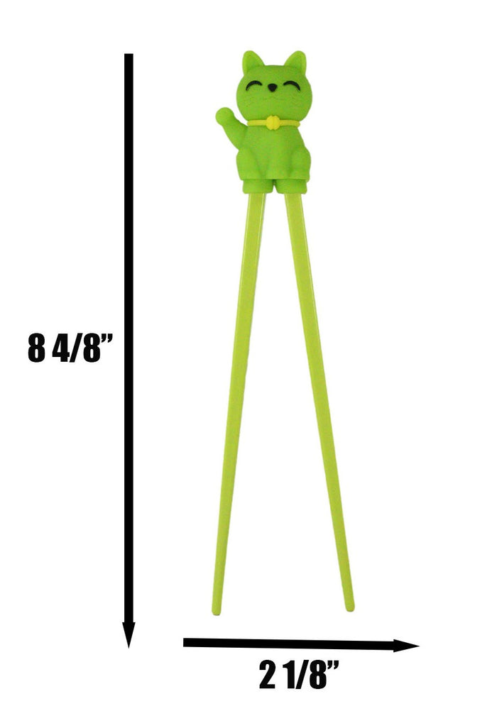 Ebros Gift Green Maneki Neko Lucky Cat Reusable Training Chopsticks Set W/ Silicone Helper