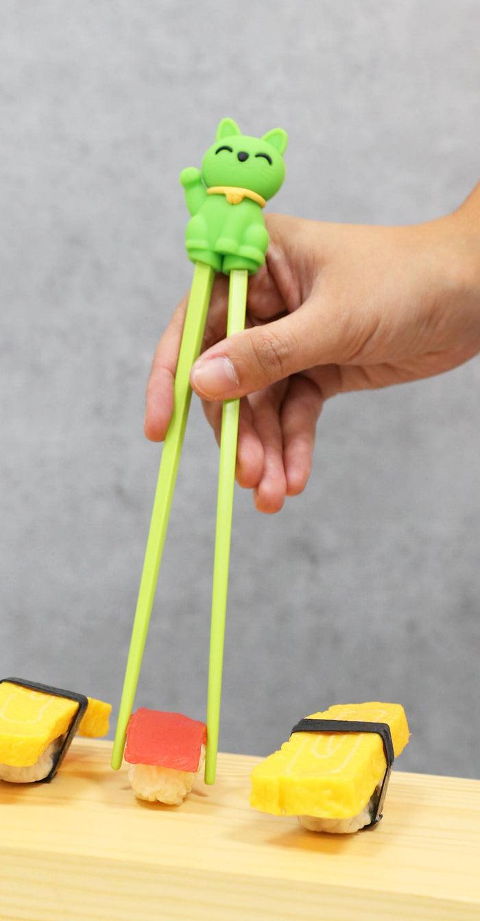ebros gift Green Maneki Neko Lucky Cat Reusable Training Chopsticks Set W/ Silicone Helper