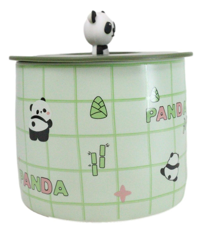Ebros Gift Green Panda Bears Climbing On Bamboo Mug With Anime Panda Figurine Handle Lid