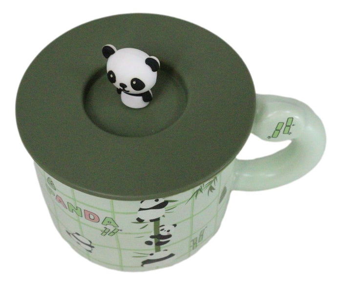 Ebros Gift Green Panda Bears Climbing On Bamboo Mug With Anime Panda Figurine Handle Lid
