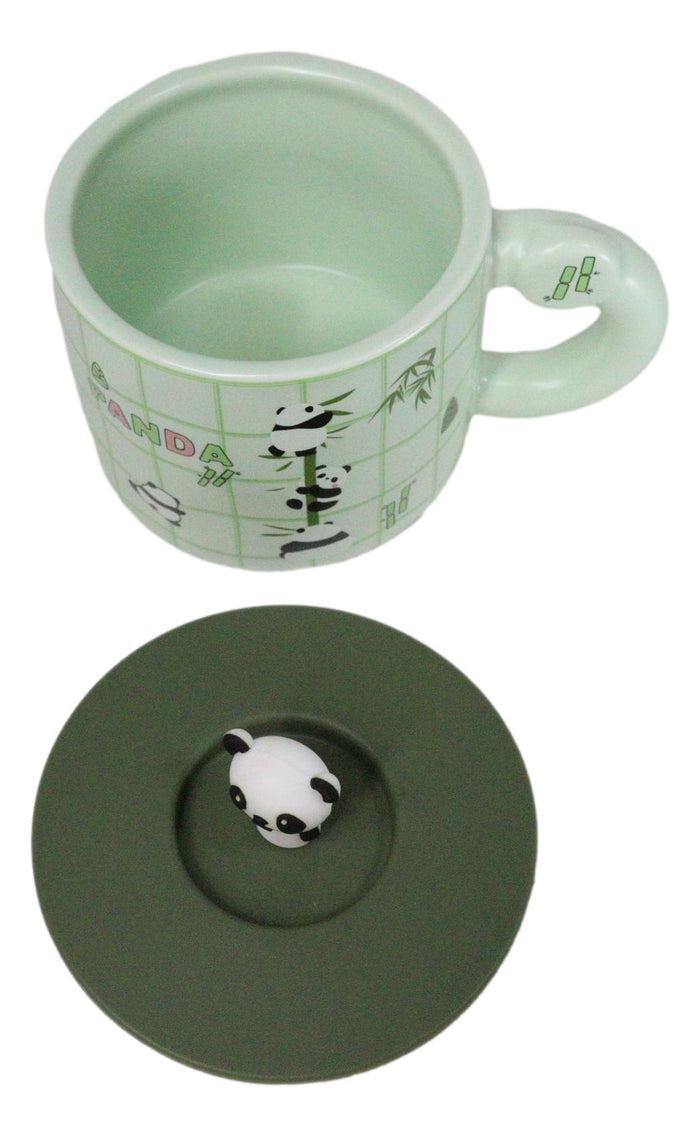 Ebros Gift Green Panda Bears Climbing On Bamboo Mug With Anime Panda Figurine Handle Lid