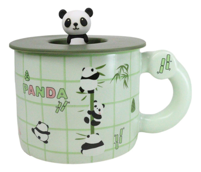 ebros gift Green Panda Bears Climbing On Bamboo Mug With Anime Panda Figurine Handle Lid