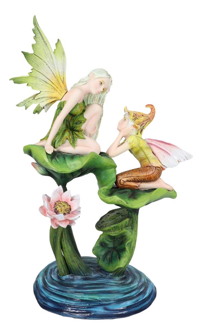 Ebros Gift Green Pixie Tribal Fairy Sharing Thoughts With Buddy Elf By Lily Pond Figurine