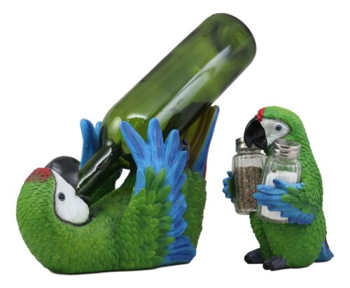 Ebros Gift Green Scarlet Macaw Parrot Wine Bottle And Salt Pepper Shakers Holder Statue Set