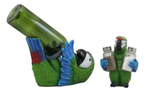 ebros gift Green Scarlet Macaw Parrot Wine Bottle And Salt Pepper Shakers Holder Statue Set