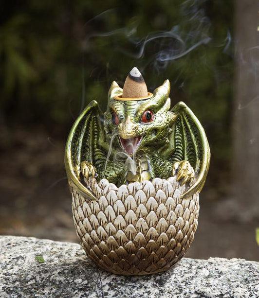 ebros gift Green Wyrmling Baby Dragon On Golden Egg Backflow Incense Cone Burner Figurine