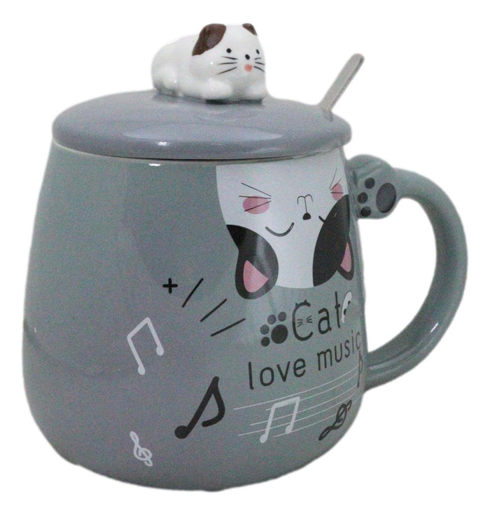 Ebros Gift Grey Calico Cat Love Music Coffee Mug Cup With Spoon And Kitten Knob Lid 15oz