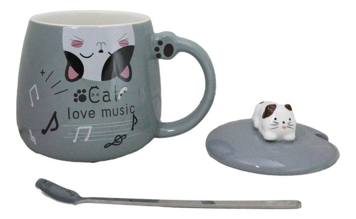Ebros Gift Grey Calico Cat Love Music Coffee Mug Cup With Spoon And Kitten Knob Lid 15oz