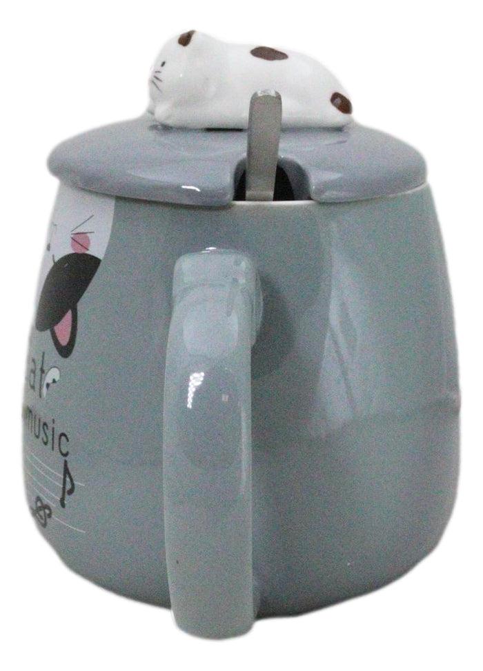 Ebros Gift Grey Calico Cat Love Music Coffee Mug Cup With Spoon And Kitten Knob Lid 15oz