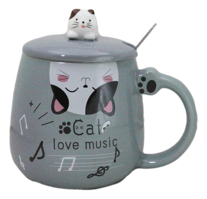 ebros gift Grey Calico Cat Love Music Coffee Mug Cup With Spoon And Kitten Knob Lid 15oz