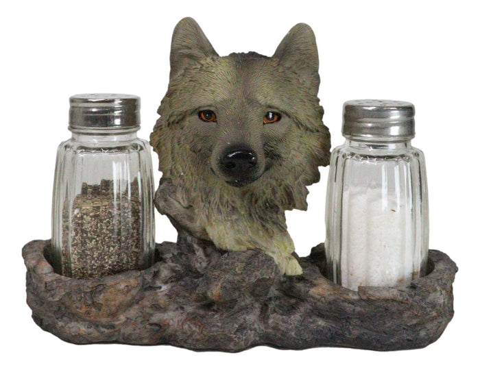 ebros gift Grey Wolf Head By Woodlands Forest Glass Salt & Pepper Shakers Holder Figurine