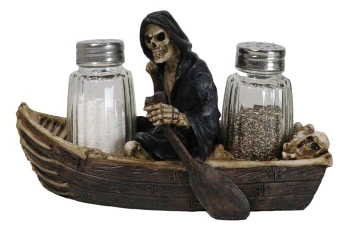 ebros gift Grim Reaper Charon Skeleton Rowing Boat In River Styx Salt Pepper Shakers Holder