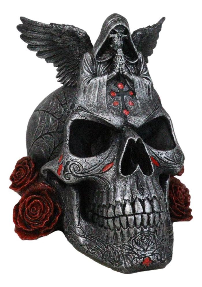 Ebros Gift Grim Reaper Skeleton Angel Of Death Praying On Tribal Skull Red Roses Figurine