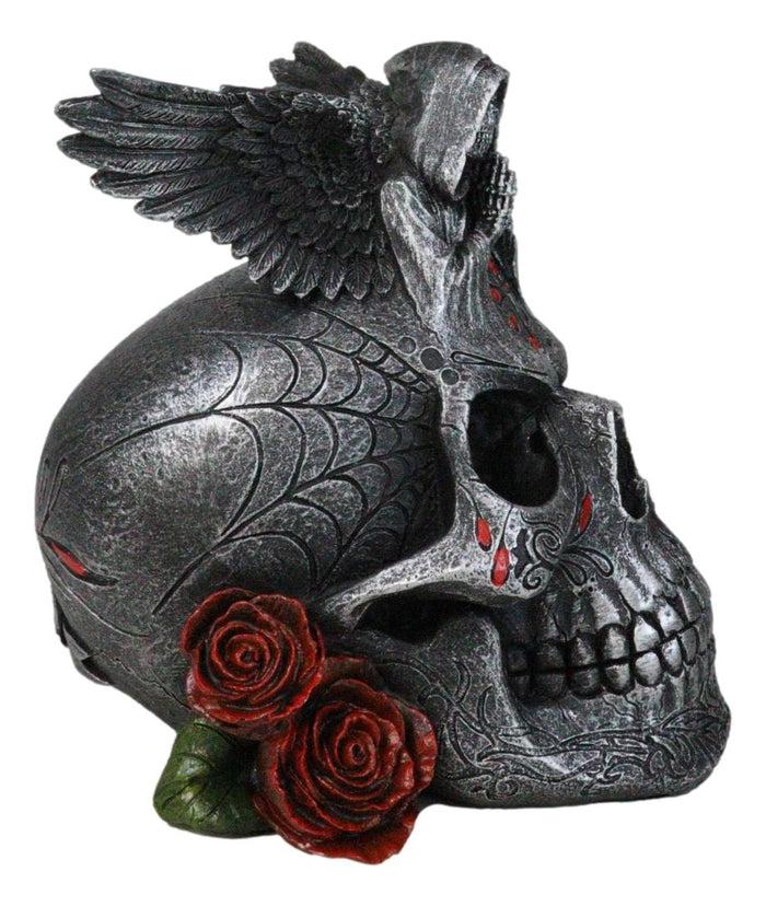 Ebros Gift Grim Reaper Skeleton Angel Of Death Praying On Tribal Skull Red Roses Figurine