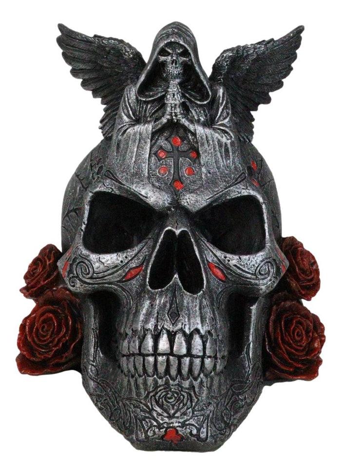ebros gift Grim Reaper Skeleton Angel Of Death Praying On Tribal Skull Red Roses Figurine
