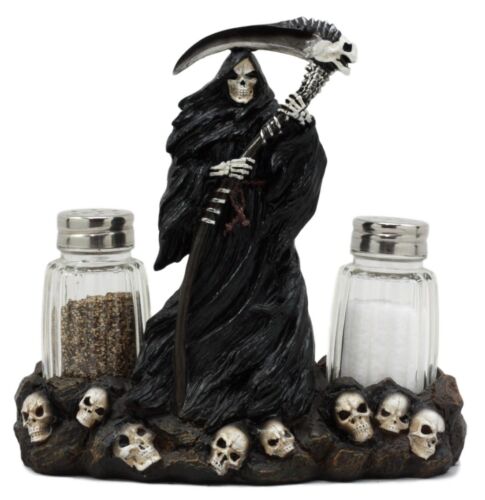 Ebros Gift Grim Reaper Standing On Skull Graveyard Salt & Pepper Shakers Holder Set