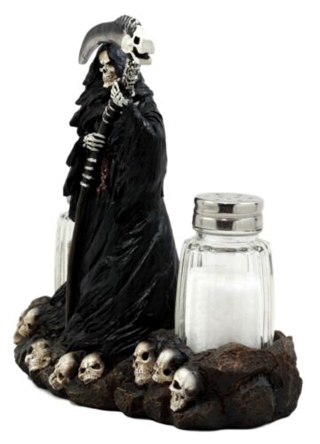 Ebros Gift Grim Reaper Standing On Skull Graveyard Salt & Pepper Shakers Holder Set