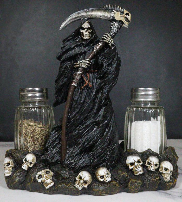 ebros gift Grim Reaper Standing On Skull Graveyard Salt & Pepper Shakers Holder Set