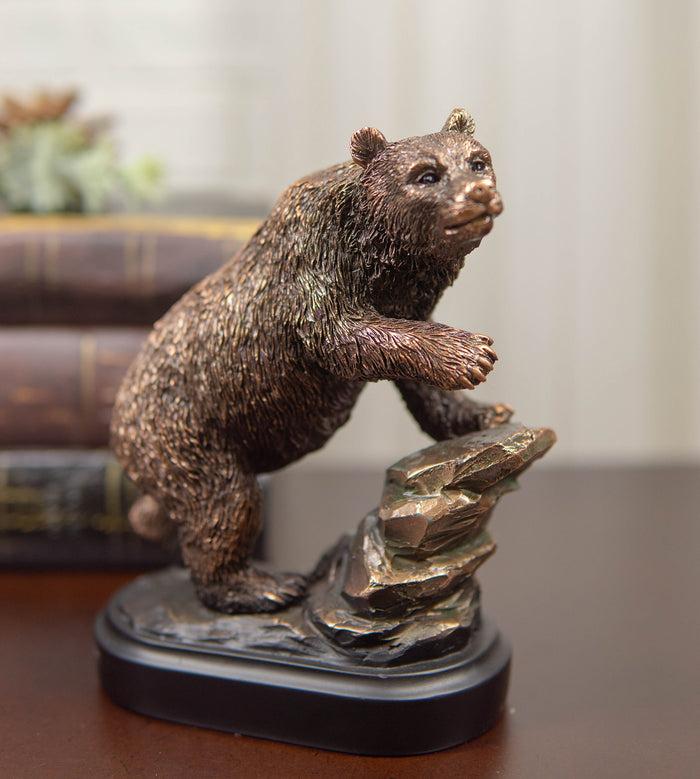 ebros gift Grizzly Bear Climbing On River Rock Statue 6.25"Tall Bronze Electroplated Resin