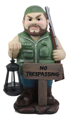 Ebros Gift Grumpy Hunter With Shotgun And No Trespassing Sign Statue With Solar LED Light