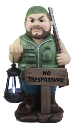 ebros gift Grumpy Hunter With Shotgun And No Trespassing Sign Statue With Solar LED Light