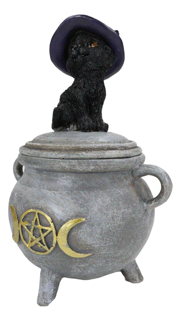 Ebros Gift Halloween Wicca Black Cat With Witch Hat On Triple Moon Cauldron Decorative Box
