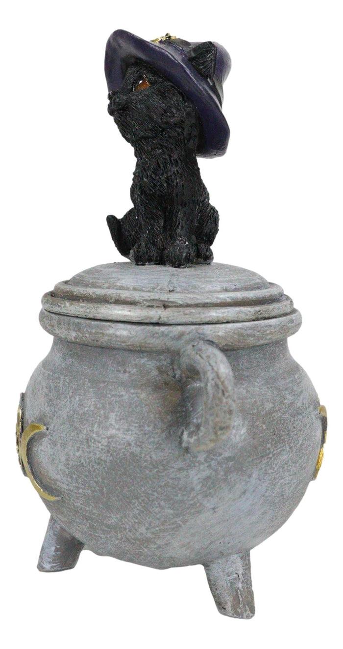 Ebros Gift Halloween Wicca Black Cat With Witch Hat On Triple Moon Cauldron Decorative Box