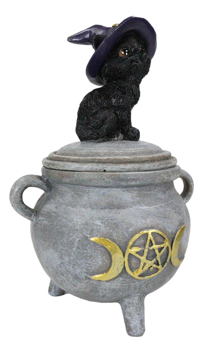 Ebros Gift Halloween Wicca Black Cat With Witch Hat On Triple Moon Cauldron Decorative Box