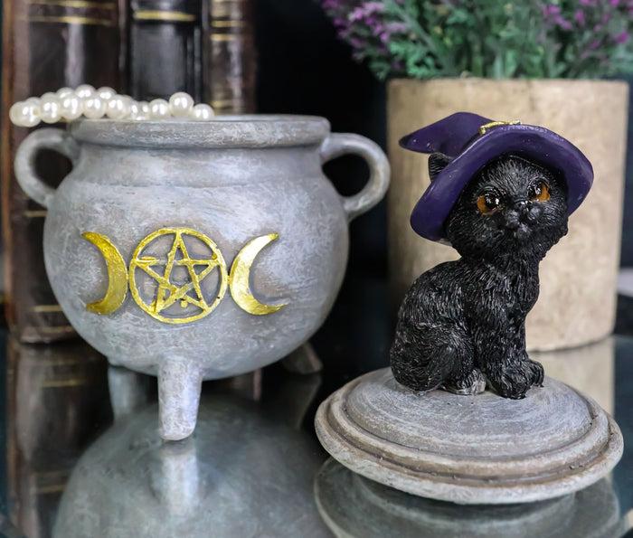 ebros gift Halloween Wicca Black Cat With Witch Hat On Triple Moon Cauldron Decorative Box