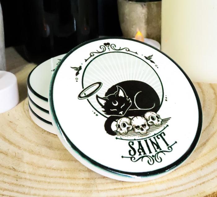 Ebros Gift Halo Black Cat Saint And Skulls Ceramic Coaster Set Of 4 Tiles With Cork Backing