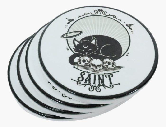 Ebros Gift Halo Black Cat Saint And Skulls Ceramic Coaster Set Of 4 Tiles With Cork Backing