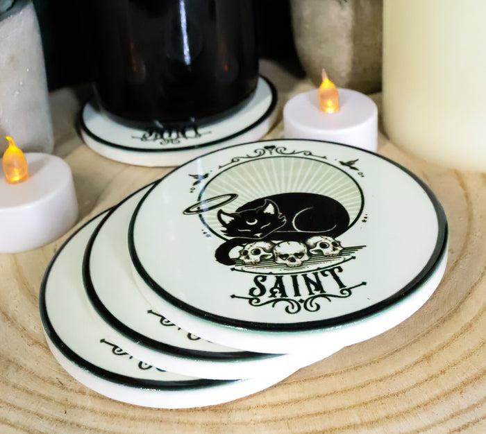 ebros gift Halo Black Cat Saint And Skulls Ceramic Coaster Set of 4 Tiles With Cork Backing