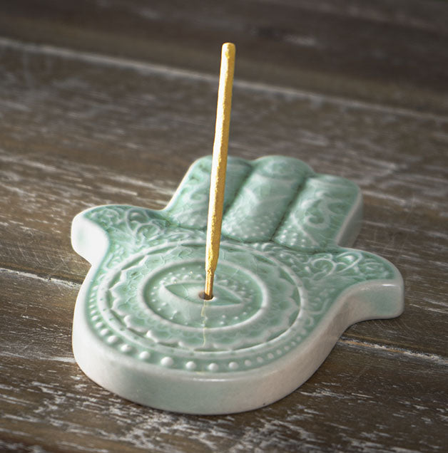 ebros gift Hamsa Palm Protection From The Evil Eve Ceramic Round Disc Incense Stick Burner