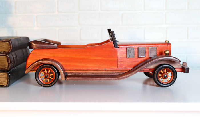 Ebros Gift Hand Made Wood Retro Antique Style Orange Convertible Car Wine Holder Figurine