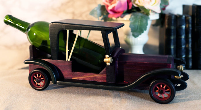 ebros gift Hand Made Wood Retro Antique Style Purple Model T Sedan Car Wine Holder Figurine