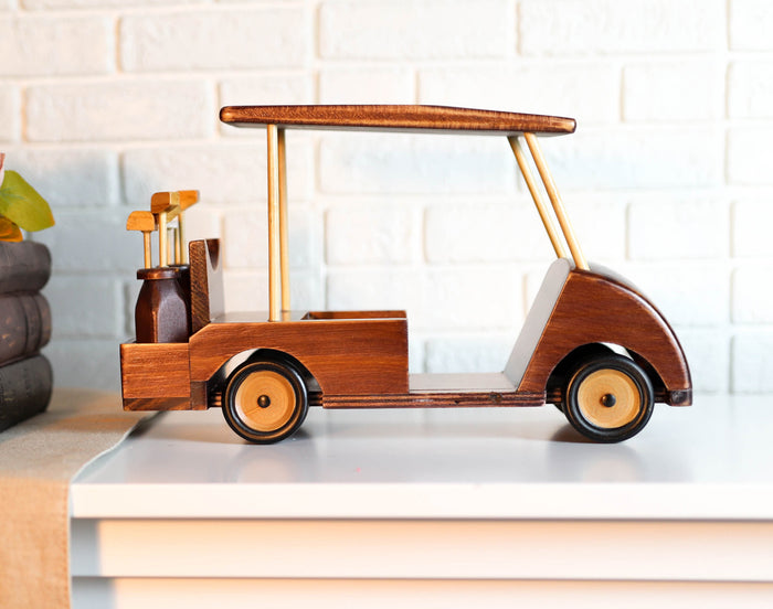 Ebros Gift Hand Made Wood Retro Classic Style Golf Cart Pit Car Wine Holder Figurine Decor