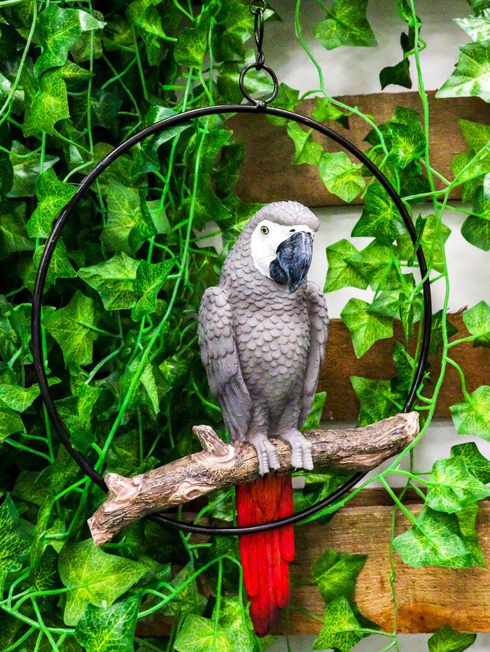 ebros gift Hanging Grey Macaw Parrot Bird Perching On Branch With Metal Round Ring 13.5" H