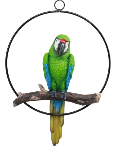 Ebros Gift Hanging Military Macaw Parrot Perching On Branch In Metal Round Ring 13.5"H