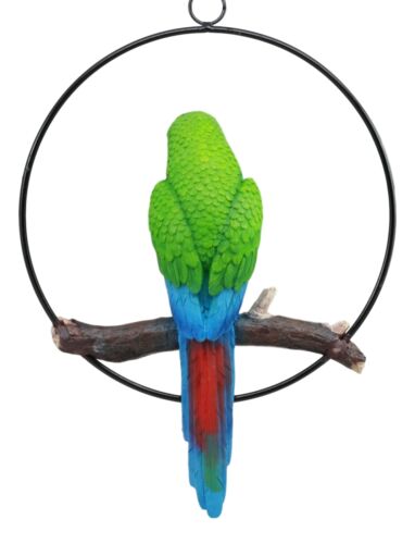 Ebros Gift Hanging Military Macaw Parrot Perching On Branch In Metal Round Ring 13.5"H