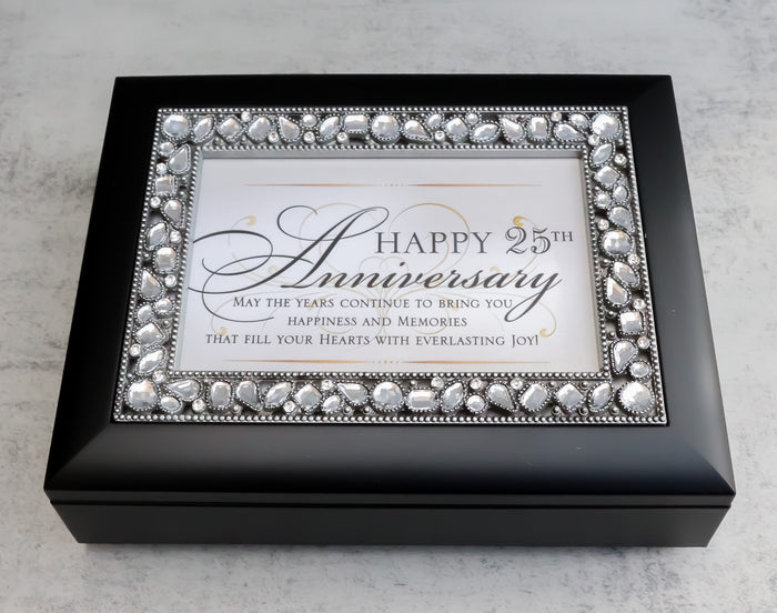 ebros gift Happy 25th Anniversary Burlwood With Crystals & Silver Motif Musical Trinket Box