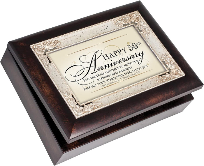 ebros gift Happy 50th Anniversary Burlwood With Silver Scrollwork Musical Trinket Box