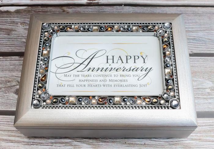 ebros gift Happy Anniversary Polycast Brushed Pewter Crystal Gemstones Musical Trinket Box